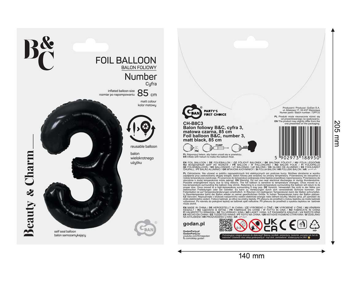 Foil balloon B&C, number 3, matt black, 85 cm